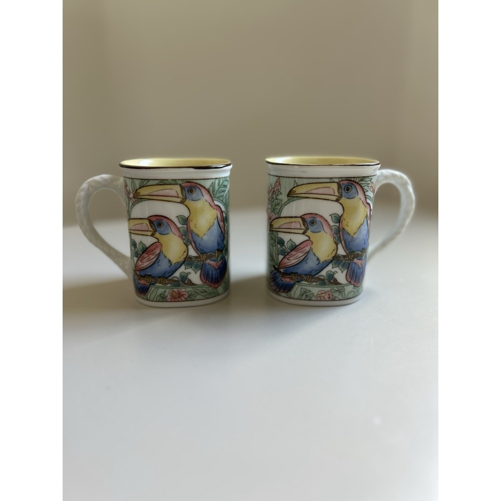 Vintage Takahashi San Francisco Toucan Wildlife Mug Set Hand Painted Ceramic